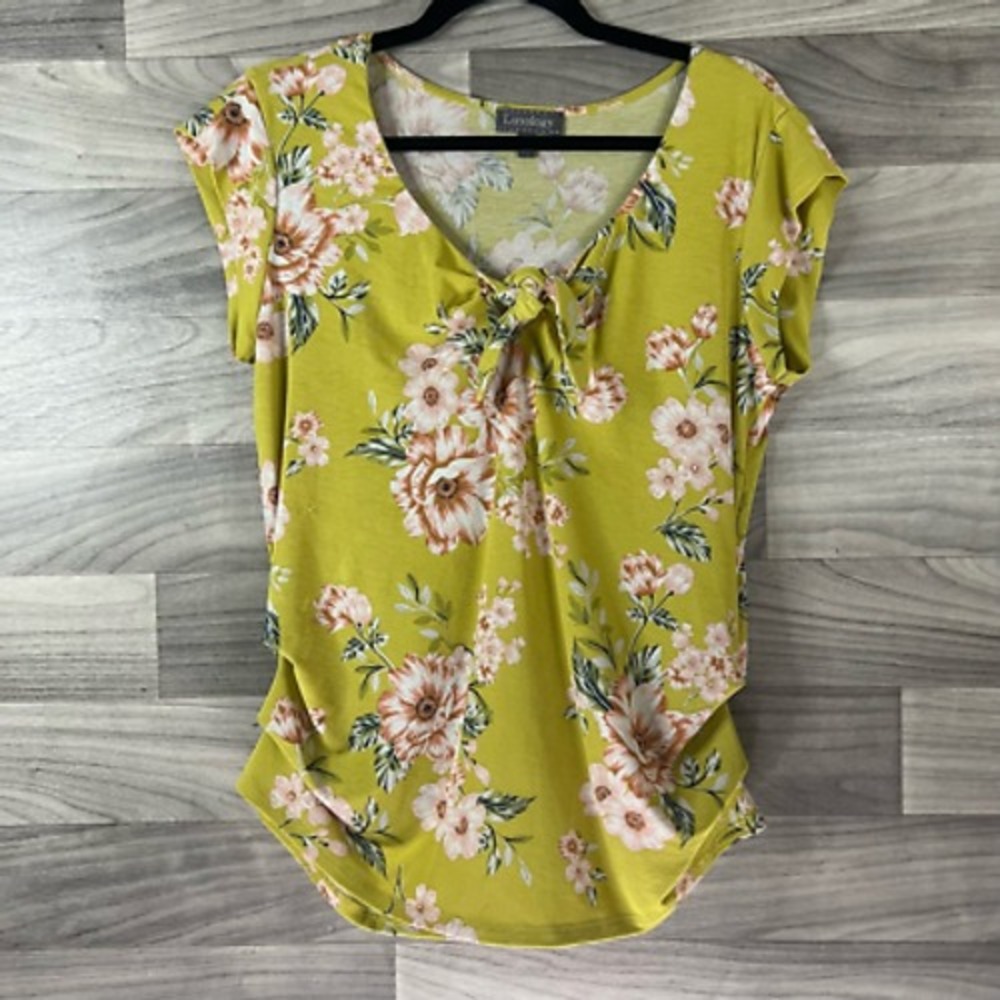 Luxology Womens Tunic Top Yellow Floral Short Sleeve V Neck Ruched Sides S